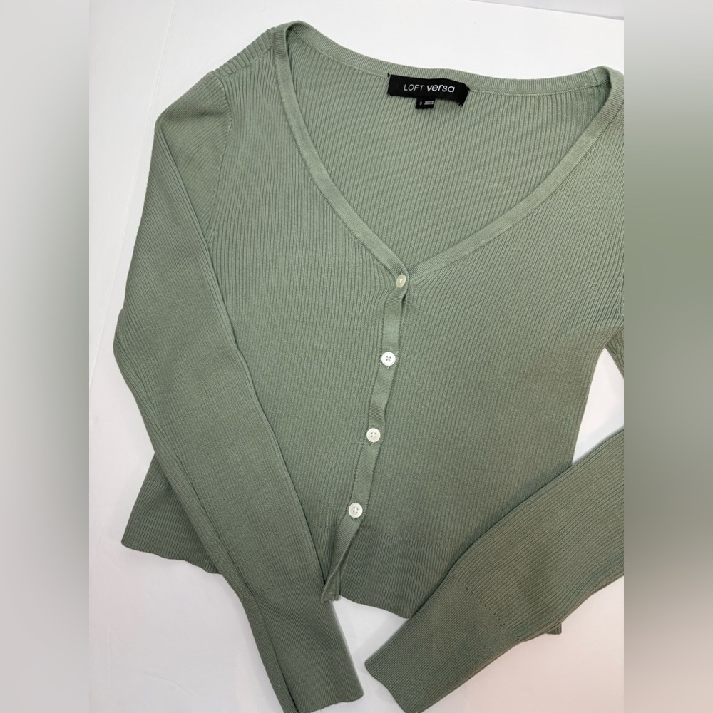 LOFT Versa Ribbed V-Neck Cardigan Frosted Sage Green Size S - Picture 5 of 13